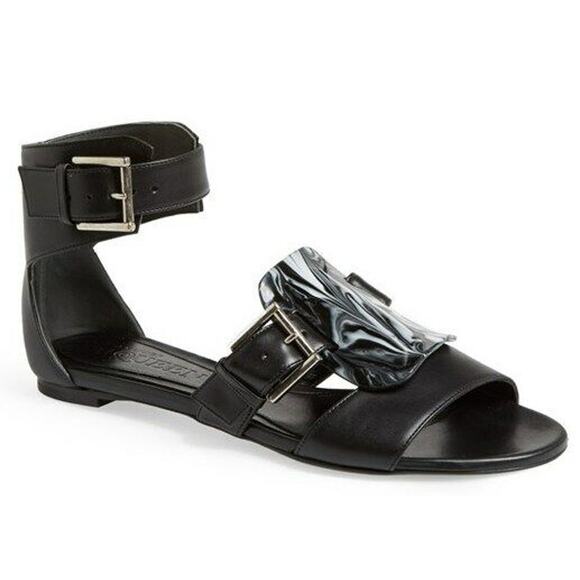 Alexander McQueen Black Leather Flat Ankle Strap Sandals Size 37 Womens New $895 - Picture 1 of 11